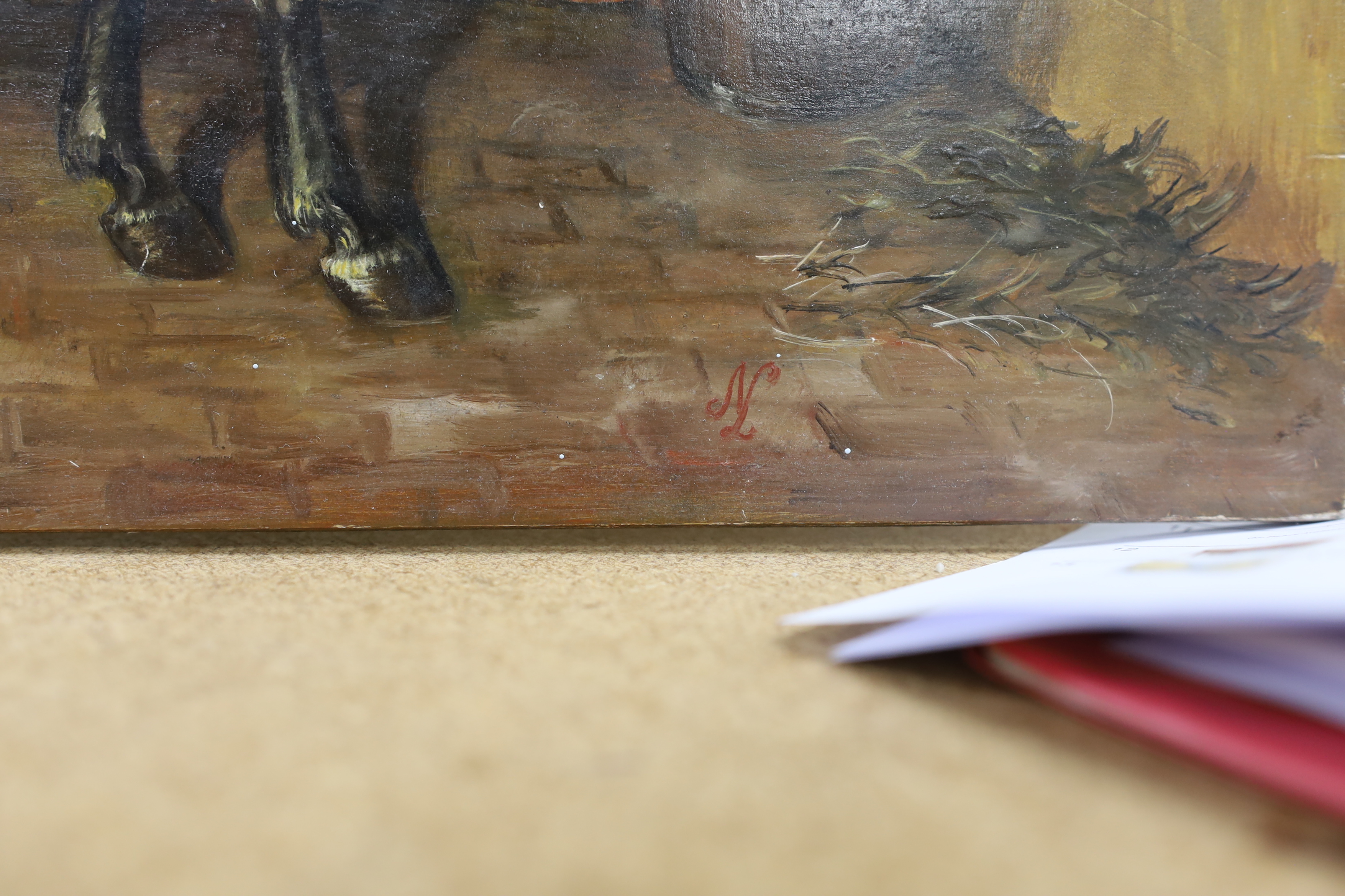 K. M. Nadler (20th. C), oil on board, Study of a bay horse in a stable, signed, 31 x 40cm, unframed